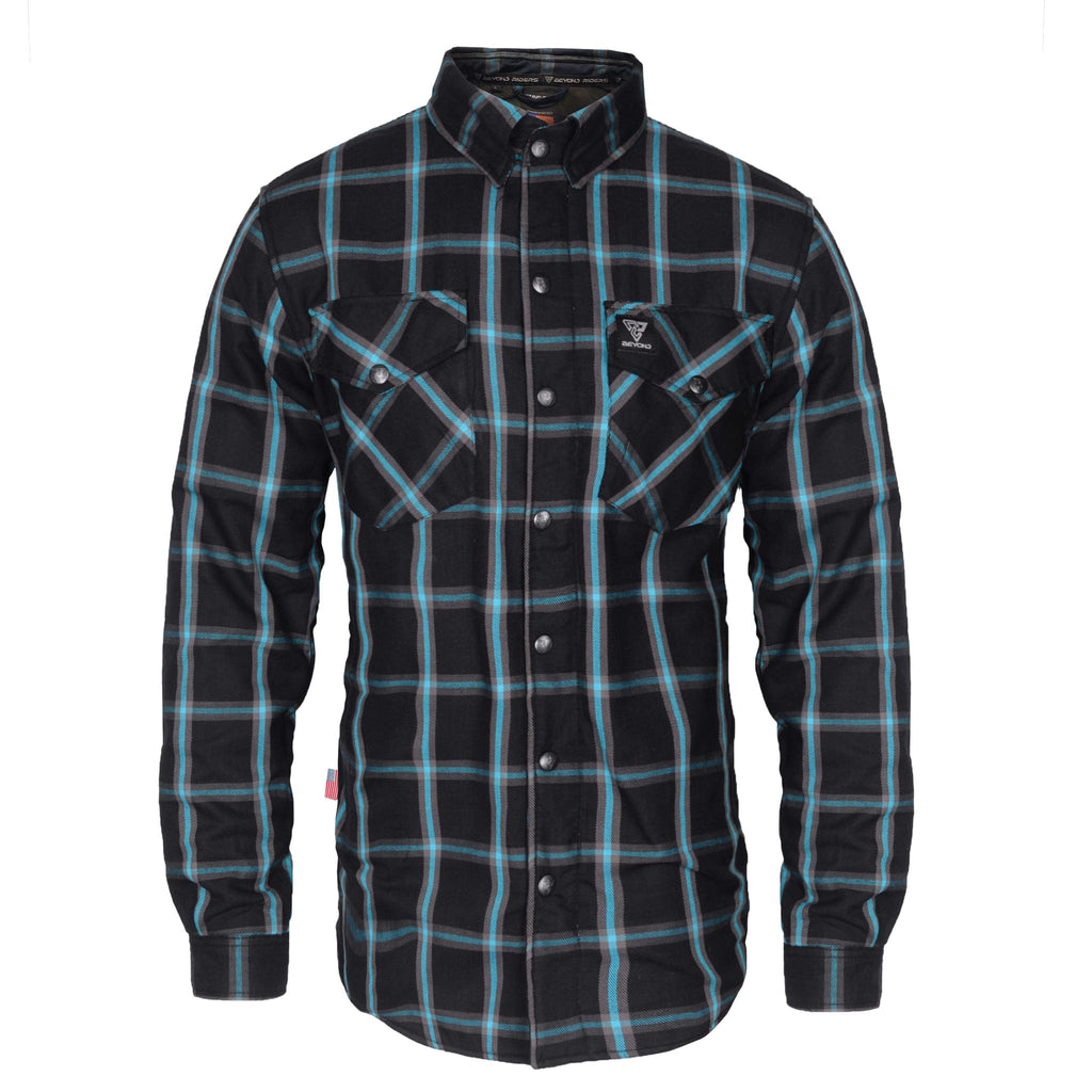 Protective Flannel Shirt "Blue Bypass" - Black and Blue Stripes with Pads - Build Kit Boards