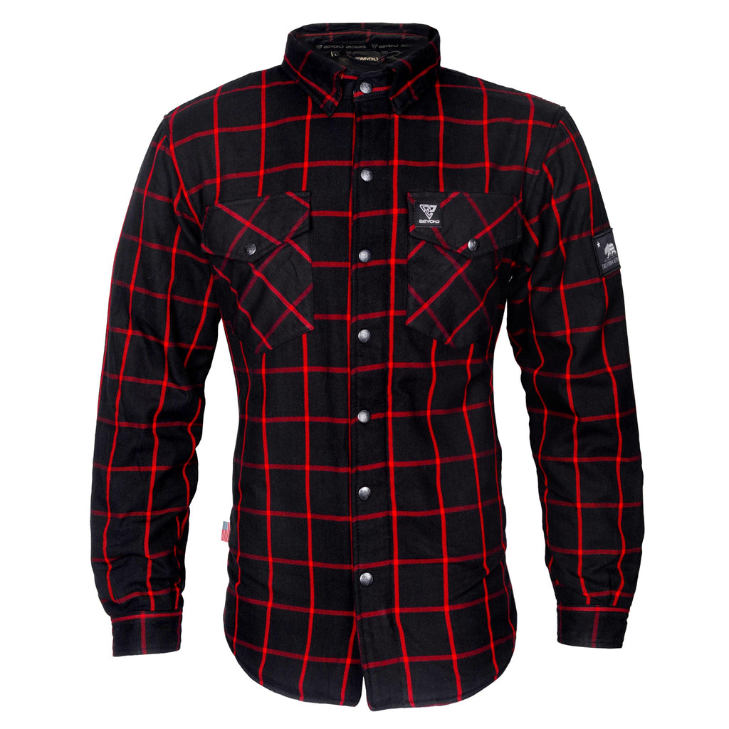 Protective Flannel Shirt "Crimson Lane" - Black and Red Stripes with Pads - Build Kit Boards