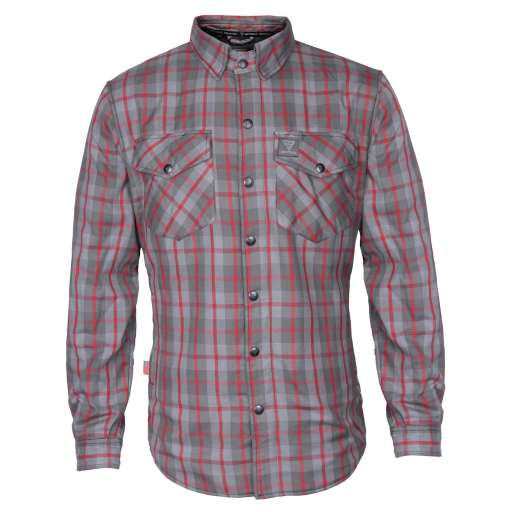 Protective Flannel Shirt "Rogue Road" - Grey and Red Stripes with Pads - Build Kit Boards