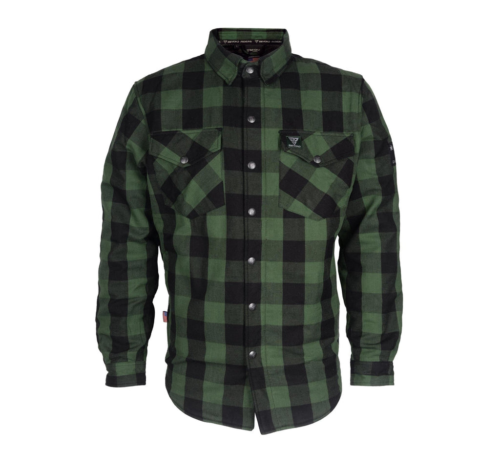 Protective Flannel Shirt "Forest Fury" - Green and Black Checkered with Pads - Build Kit Boards