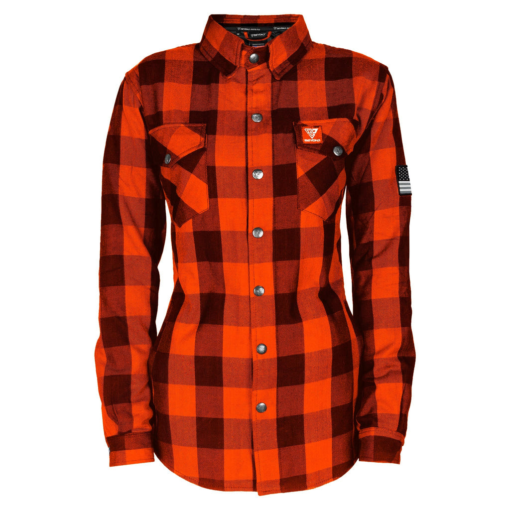 Protective Flannel Shirt for Women "Autumn Blast" - Orange and Black Checkered with Pads - Build Kit Boards