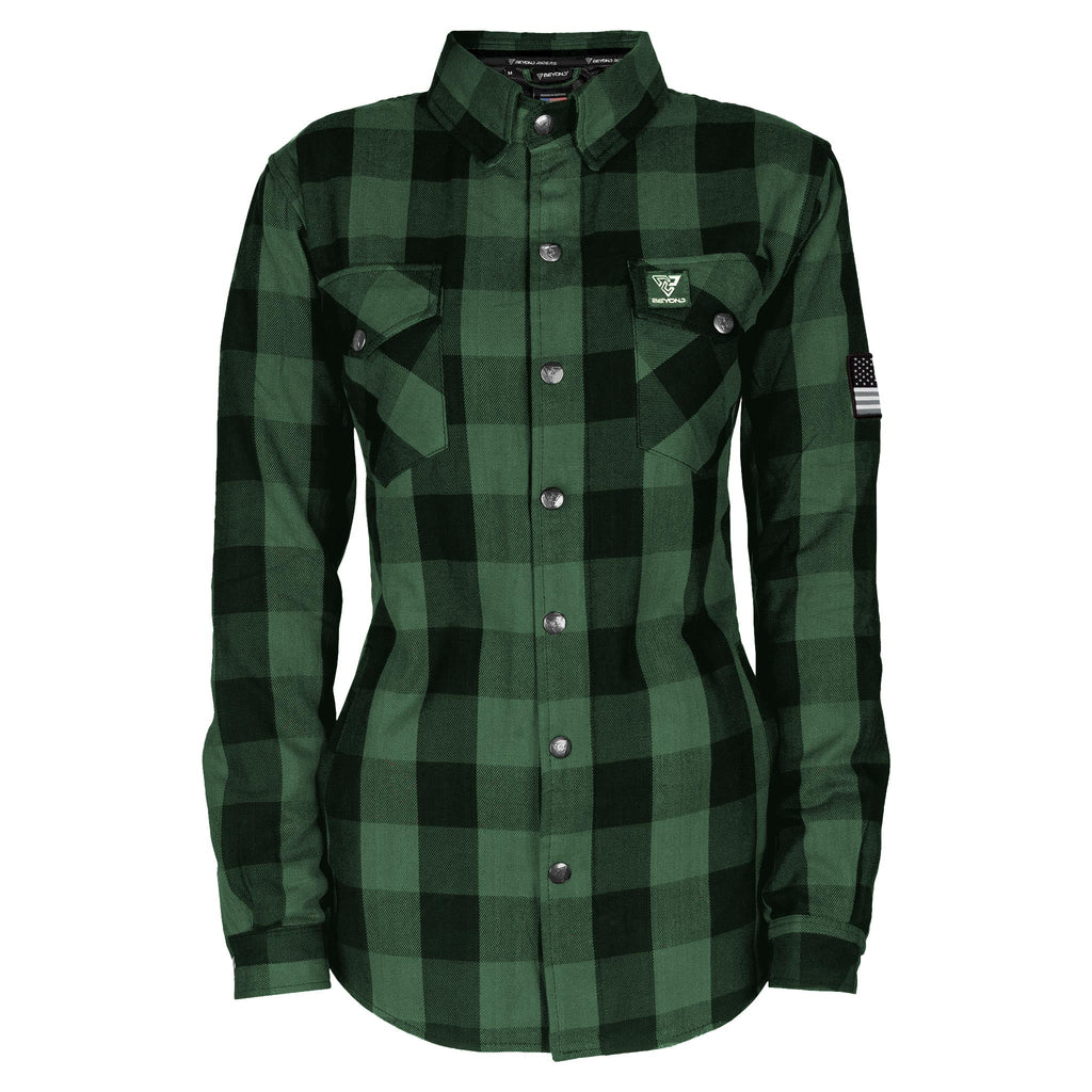 Protective Flannel Shirt for Women "Forest Fury" - Green and Black Checkered with Pads - Build Kit Boards