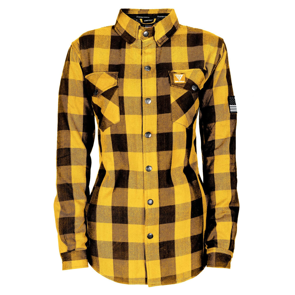 Protective Flannel Shirt for Women "Blaze of Glory" - Yellow and Black Checkered with Pads - Build Kit Boards